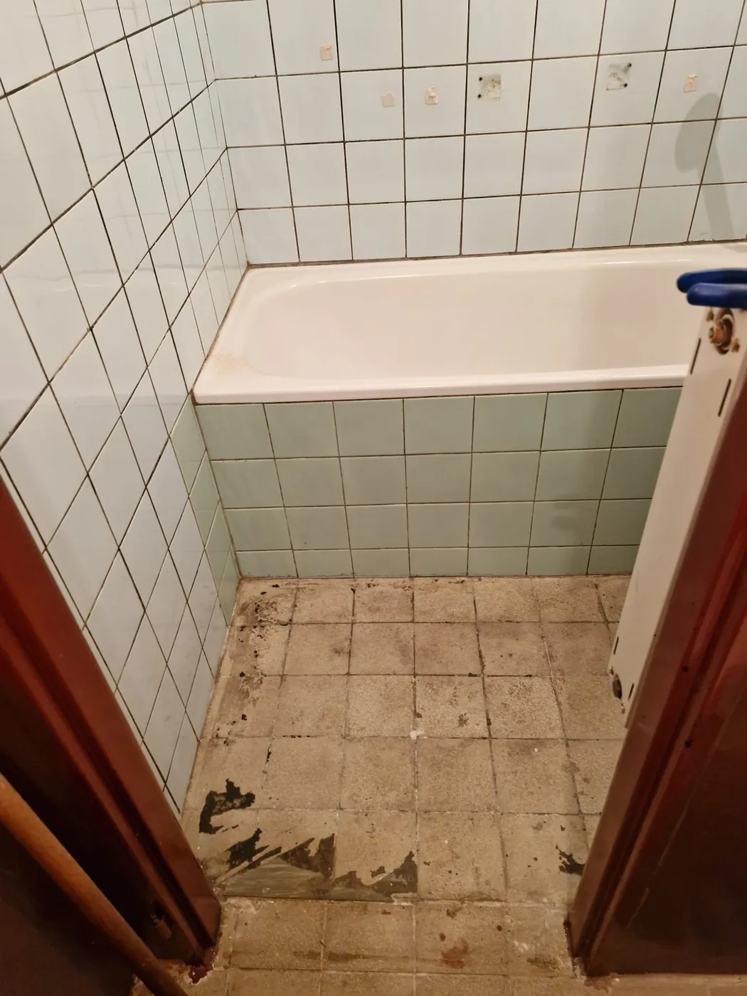 Koupelna v panelovém bytě před rekonstrukcí — původní obklady a vana